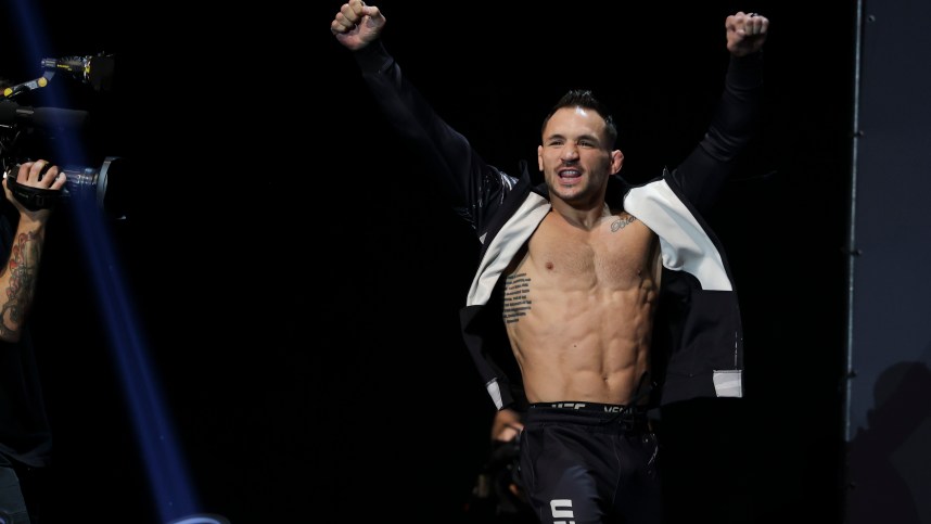 Nov 11, 2022; New York, NY, USA; Michael Chandler gestures during weigh-ins for UFC 281. Mandatory Credit: Jessica Alcheh-Imagn Images