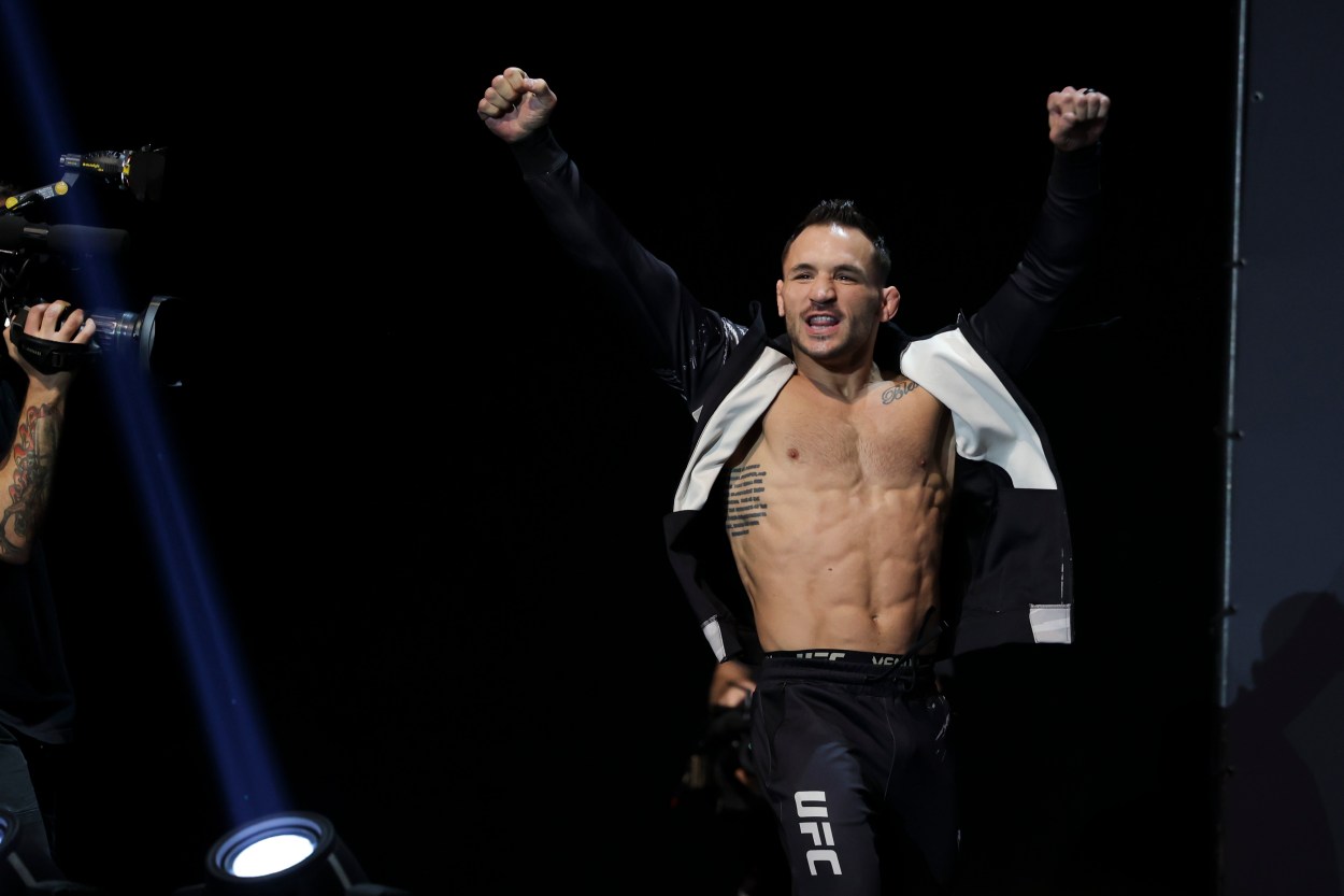 Nov 11, 2022; New York, NY, USA; Michael Chandler gestures during weigh-ins for UFC 281. Mandatory Credit: Jessica Alcheh-Imagn Images