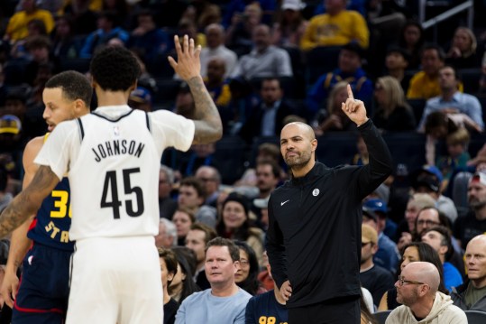 Nov 25, 2024; San Francisco, California, USA; Brooklyn Nets head coach Jordi Fernandez and guard Keon Johnson (45) react during the second half of the game against the Golden State Warriors at Chase Center. Mandatory Credit: John Hefti-Imagn Images