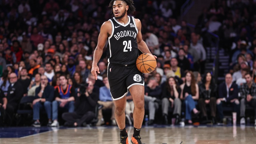 Nov 17, 2024; New York, New York, USA; Brooklyn Nets guard Cam Thomas (24) brings the ball up in the second quarter against the New York Knicks at Madison Square Garden. Mandatory Credit: Wendell Cruz-Imagn Images