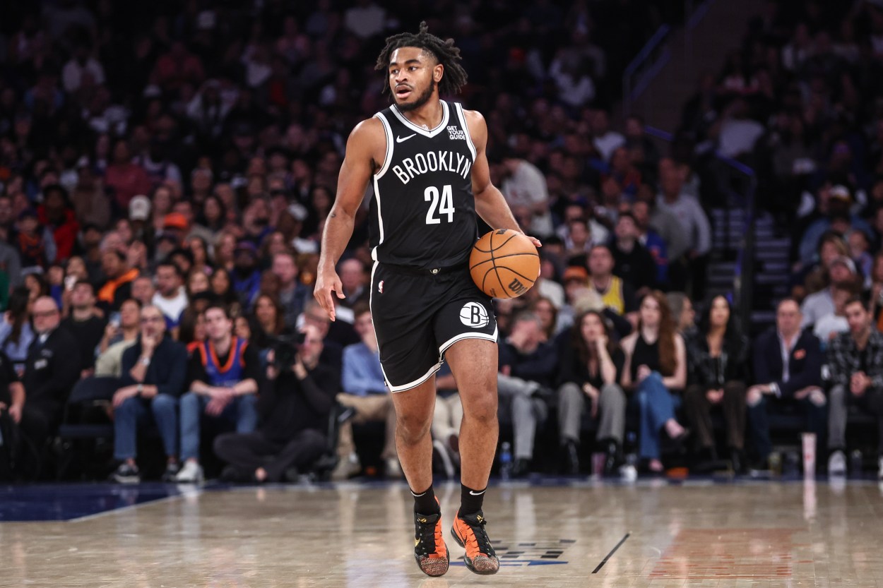 Nov 17, 2024; New York, New York, USA; Brooklyn Nets guard Cam Thomas (24) brings the ball up in the second quarter against the New York Knicks at Madison Square Garden. Mandatory Credit: Wendell Cruz-Imagn Images