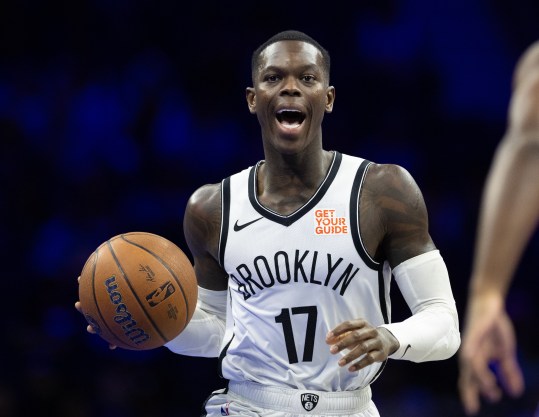 Nov 22, 2024; Philadelphia, Pennsylvania, USA; Brooklyn Nets guard Dennis Schroder (17) dribbles the ball Philadelphia 76ers during the first quarter at Wells Fargo Center. Mandatory Credit: Bill Streicher-Imagn Images