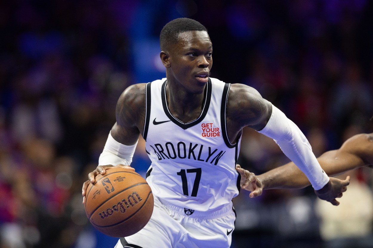 Nov 22, 2024; Philadelphia, Pennsylvania, USA; Brooklyn Nets guard Dennis Schroder (17) dribbles the ball against the Philadelphia 76ers during the first quarter at Wells Fargo Center. Mandatory Credit: Bill Streicher-Imagn Images