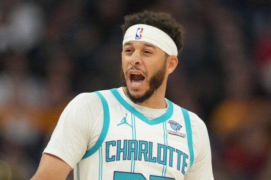 Feb 23, 2024; San Francisco, California, USA; Charlotte Hornets guard Seth Curry (30) during the first quarter against the Golden State Warriors at Chase Center. Mandatory Credit: Darren Yamashita-Imagn Images