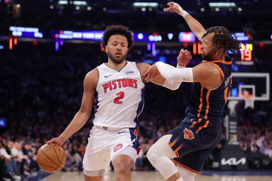 Feb 26, 2024; New York, New York, USA; Detroit Pistons guard Cade Cunningham (2) brings the ball up court against New York Knicks guard Jalen Brunson (11) during the first quarter at Madison Square Garden. Mandatory Credit: Brad Penner-Imagn Images