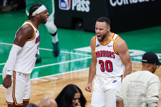 Nov 6, 2024; Boston, Massachusetts, USA; Golden State Warriors guard Stephen Curry (30) reacts during the second half against the Boston Celtics at TD Garden. Mandatory Credit: Paul Rutherford-Imagn Images