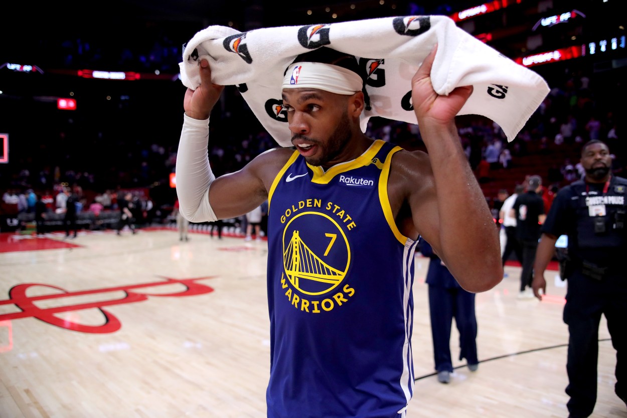 Nov 2, 2024; Houston, Texas, USA; Golden State Warriors guard Buddy Hield (7) leaves the court following the game against the Houston Rockets at Toyota Center. Mandatory Credit: Erik Williams-Imagn Images