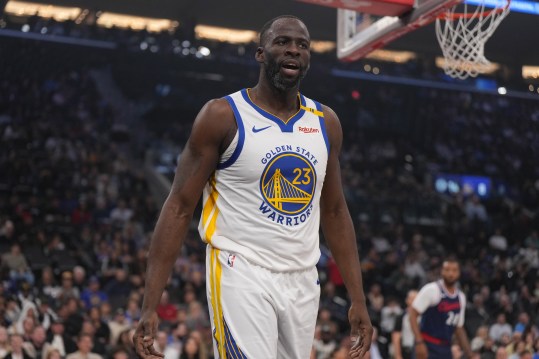 Nov 18, 2024; Inglewood, California, USA; Golden State Warriors forward Draymond Green (23) reacts in the first half against the LA Clippers at Intuit Dome. Mandatory Credit: Kirby Lee-Imagn Images