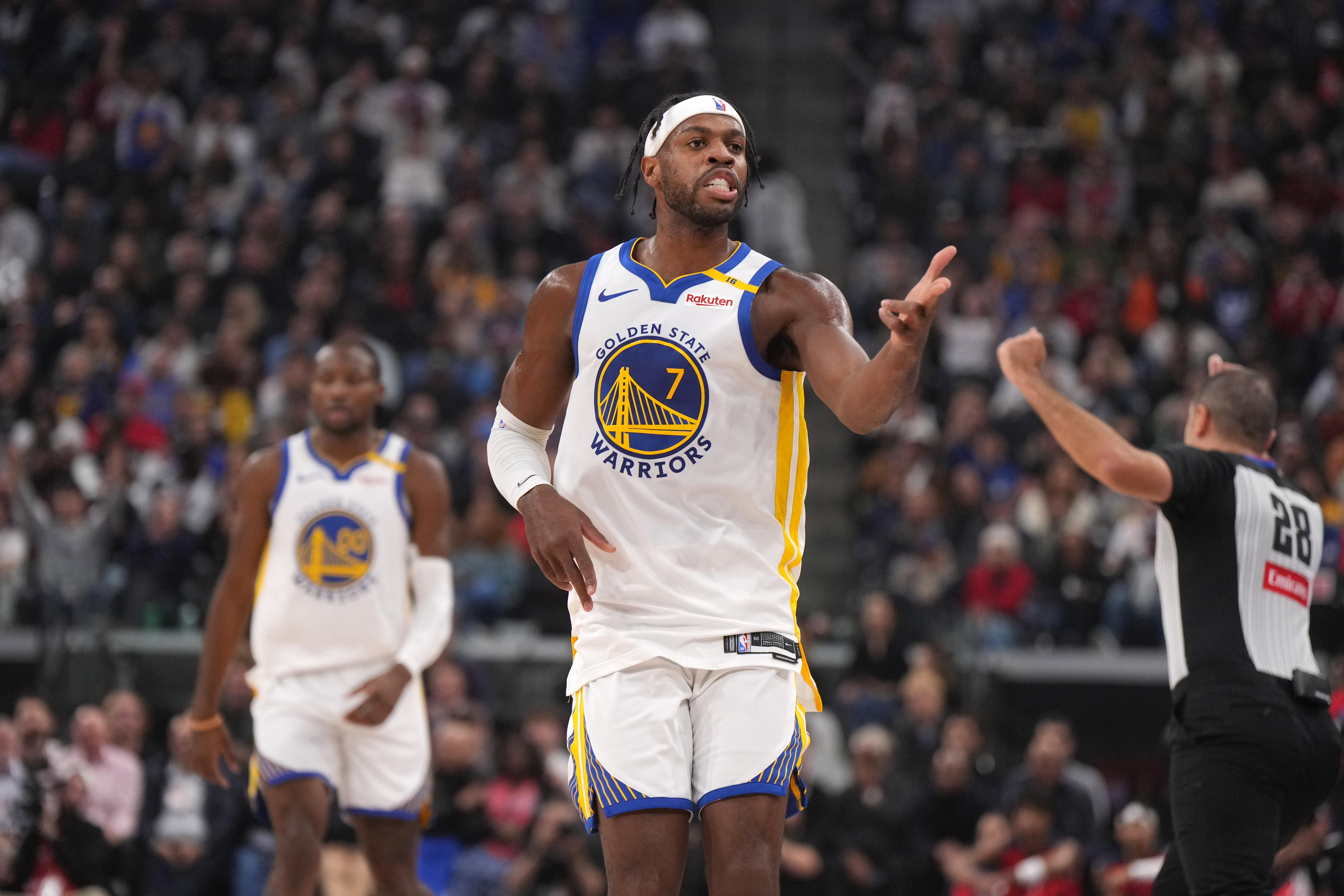 Nov 18, 2024; Inglewood, California, USA; Golden State Warriors guard Buddy Hield (7) gestures in the first half against the LA Clippers at Intuit Dome. Mandatory Credit: Kirby Lee-Imagn Images