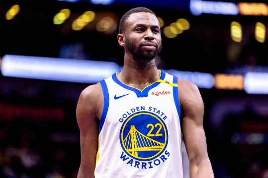 Nov 22, 2024; New Orleans, Louisiana, USA;  Golden State Warriors forward Andrew Wiggins (22) looks on against the New Orleans Pelicans during second half at Smoothie King Center. Mandatory Credit: Stephen Lew-Imagn Images