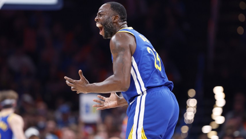 Nov 10, 2024; Oklahoma City, Oklahoma, USA; Golden State Warriors forward Draymond Green (23) reacts to an officials call during the second quarter against the Oklahoma City Thunder at Paycom Center. Mandatory Credit: Alonzo Adams-Imagn Images