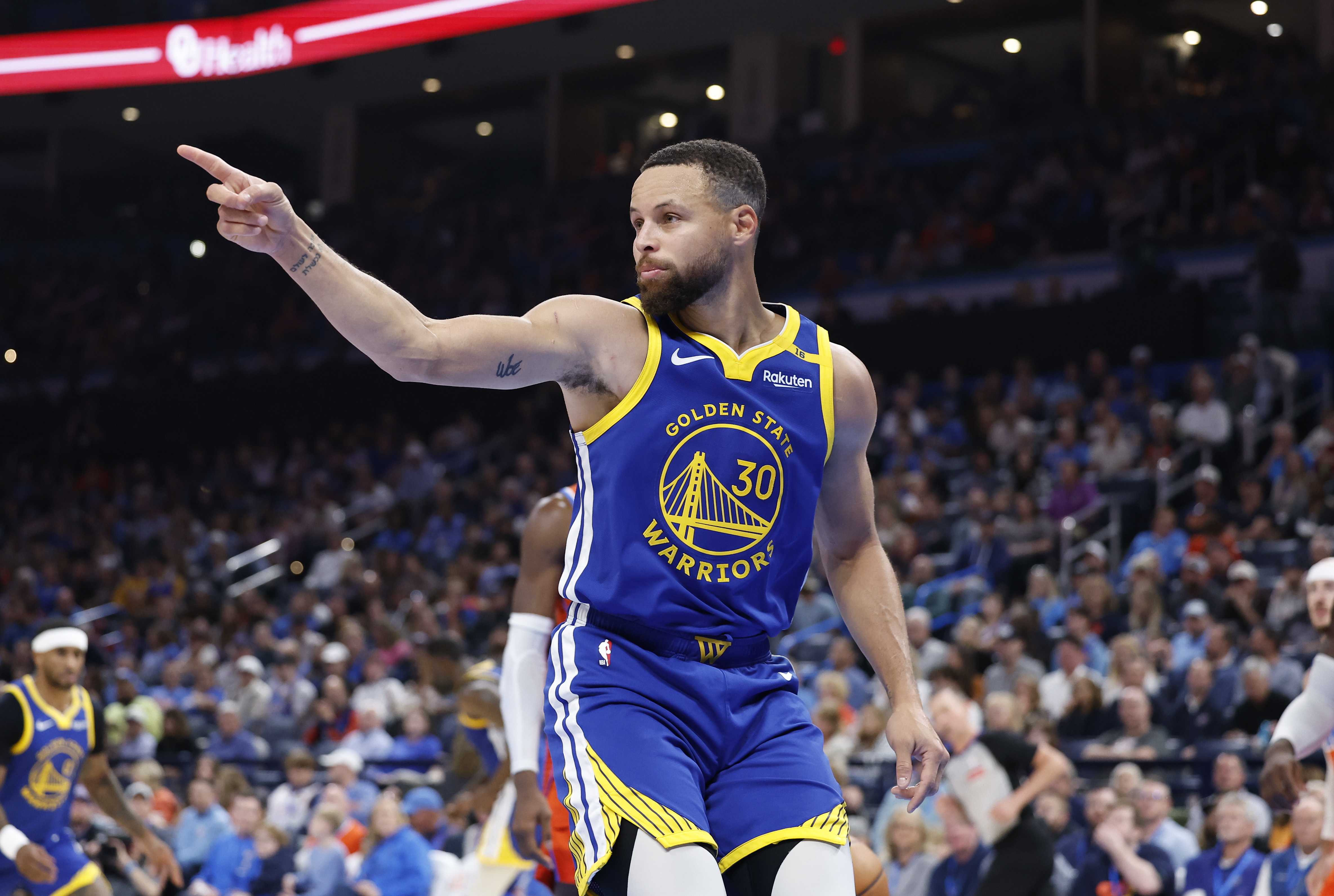 Nov 10, 2024; Oklahoma City, Oklahoma, USA; Golden State Warriors guard Stephen Curry (30) gestures after scoring a basket against the Oklahoma City Thunder during the second half at Paycom Center. Mandatory Credit: Alonzo Adams-Imagn Images