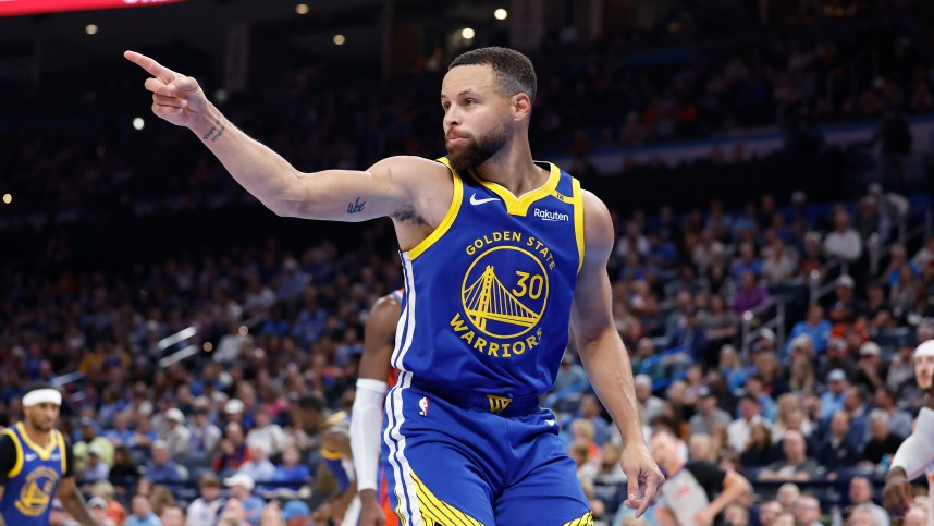 Nov 10, 2024; Oklahoma City, Oklahoma, USA; Golden State Warriors guard Stephen Curry (30) gestures after scoring a basket against the Oklahoma City Thunder during the second half at Paycom Center. Mandatory Credit: Alonzo Adams-Imagn Images