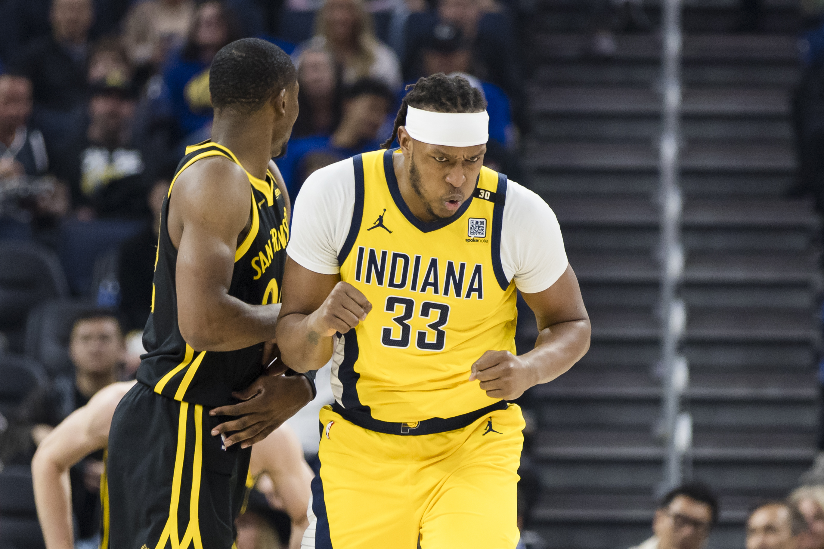 Mar 22, 2024; San Francisco, California, USA; Indiana Pacers center Myles Turner (33) reacts after scoring against the Golden State Warriors during the first half at Chase Center. Mandatory Credit: John Hefti-Imagn Images