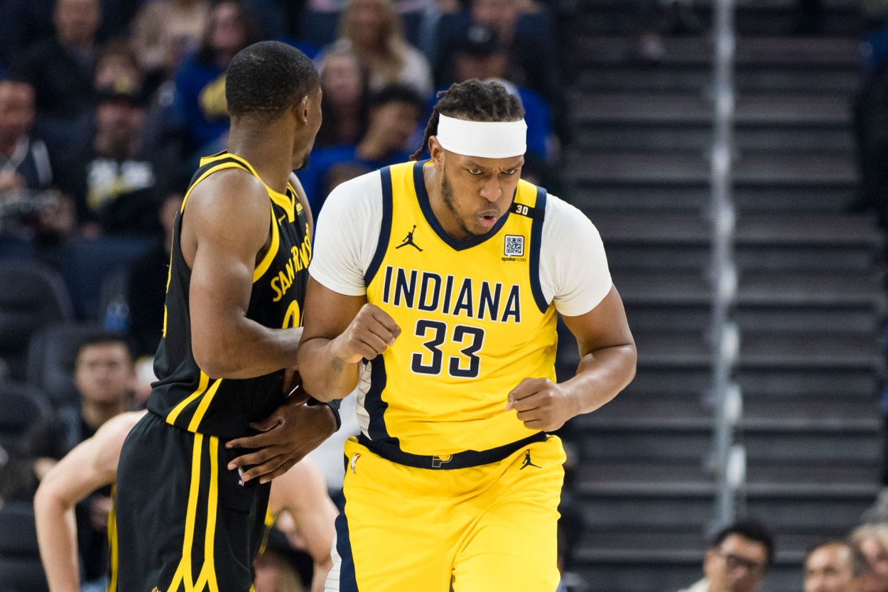 Mar 22, 2024; San Francisco, California, USA; Indiana Pacers center Myles Turner (33) reacts after scoring against the Golden State Warriors during the first half at Chase Center. Mandatory Credit: John Hefti-Imagn Images