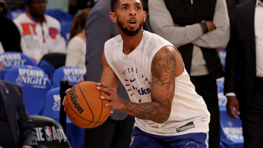 Oct 25, 2024; New York, New York, USA; New York Knicks guard Cameron Payne (1) warms up before a game against the Indiana Pacers at Madison Square Garden. Mandatory Credit: Brad Penner-Imagn Images