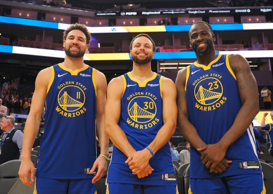 Nov 30, 2023; San Francisco, California, USA; Golden State Warriors guard Klay Thompson (11), guard Stephen Curry (30) and forward Draymond Green (23) after the game against the Los Angeles Clippers at Chase Center. Mandatory Credit: Kelley L Cox-Imagn Images