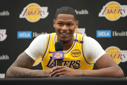 Sep 30, 2024; El Segundo, CA, USA; Los Angeles Lakers forward Cam Reddish (5) during media day at the UCLA Health Training Center. Mandatory Credit: Kirby Lee-Imagn Images