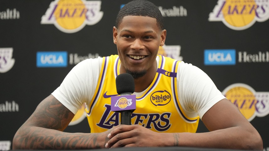 Sep 30, 2024; El Segundo, CA, USA; Los Angeles Lakers forward Cam Reddish (5) during media day at the UCLA Health Training Center. Mandatory Credit: Kirby Lee-Imagn Images