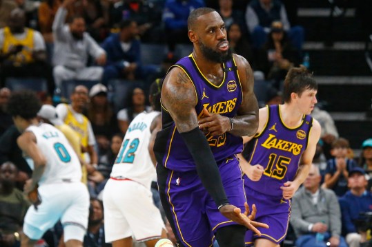 Nov 6, 2024; Memphis, Tennessee, USA; Los Angeles Lakers forward LeBron James (23) reacts after a three point basket during the second half against the Memphis Grizzlies at FedExForum. Mandatory Credit: Petre Thomas-Imagn Images