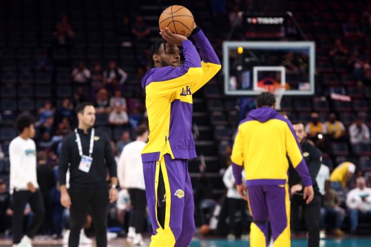 Nov 6, 2024; Memphis, Tennessee, USA; Los Angeles Lakers guard Bronny James (9) shoots during warm ups  prior to the game against the Memphis Grizzlies at FedExForum. Mandatory Credit: Petre Thomas-Imagn Images