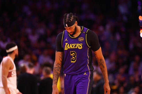 Oct 28, 2024; Phoenix, Arizona, USA; Los Angeles Lakers forward Anthony Davis (3) reacts against the Phoenix Suns at Footprint Center. Mandatory Credit: Mark J. Rebilas-Imagn Images