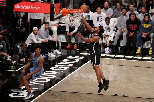 Nov 4, 2024; Brooklyn, New York, USA; Brooklyn Nets guard Cam Thomas (24) drives to the basket against Memphis Grizzlies forward Jaylen Wells (0) during the third quarter at Barclays Center. Mandatory Credit: Brad Penner-Imagn Images