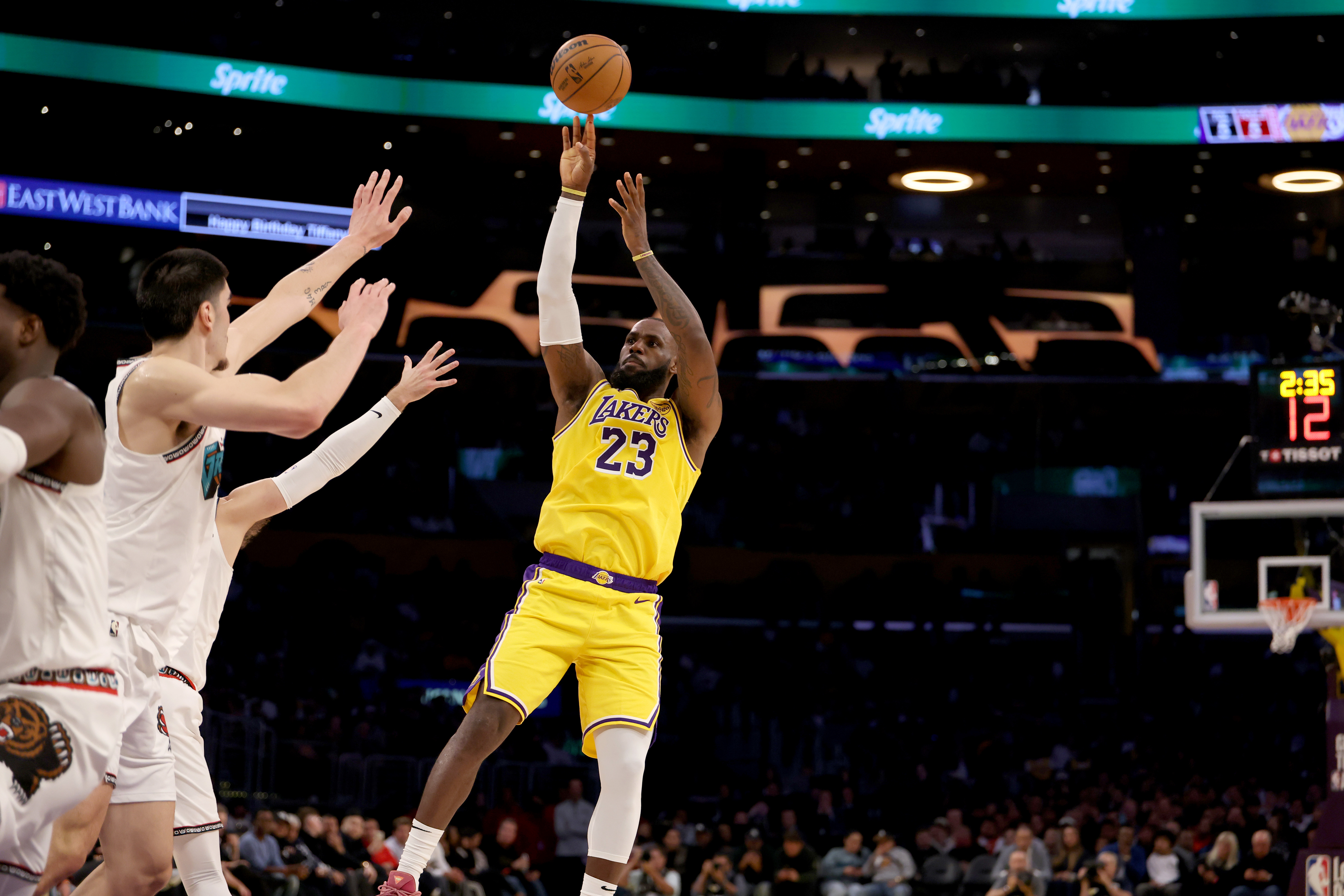 Nov 13, 2024; Los Angeles, California, USA;  Los Angeles Lakers forward LeBron James (23) shoots the ball during the second quarter against the Memphis Grizzlies at Crypto.com Arena. Mandatory Credit: Kiyoshi Mio-Imagn Images