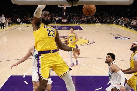 Nov 13, 2024; Los Angeles, California, USA;  Los Angeles Lakers forward LeBron James (23) dunks the ball during the second half against the Memphis Grizzlies at Crypto.com Arena. Mandatory Credit: Kiyoshi Mio-Imagn Images