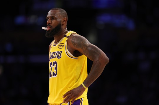 Nov 13, 2024; Los Angeles, California, USA; Los Angeles Lakers forward LeBron James (23) stands on the court during the fourth quarter against the Memphis Grizzlies at Crypto.com Arena. Mandatory Credit: Kiyoshi Mio-Imagn Images