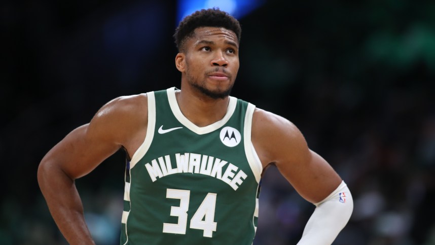 Oct 28, 2024; Boston, Massachusetts, USA; Milwaukee Bucks forward Giannis Antetokounmpo (34) reacts during the second half against the Boston Celtics at TD Garden. Mandatory Credit: Paul Rutherford-Imagn Images