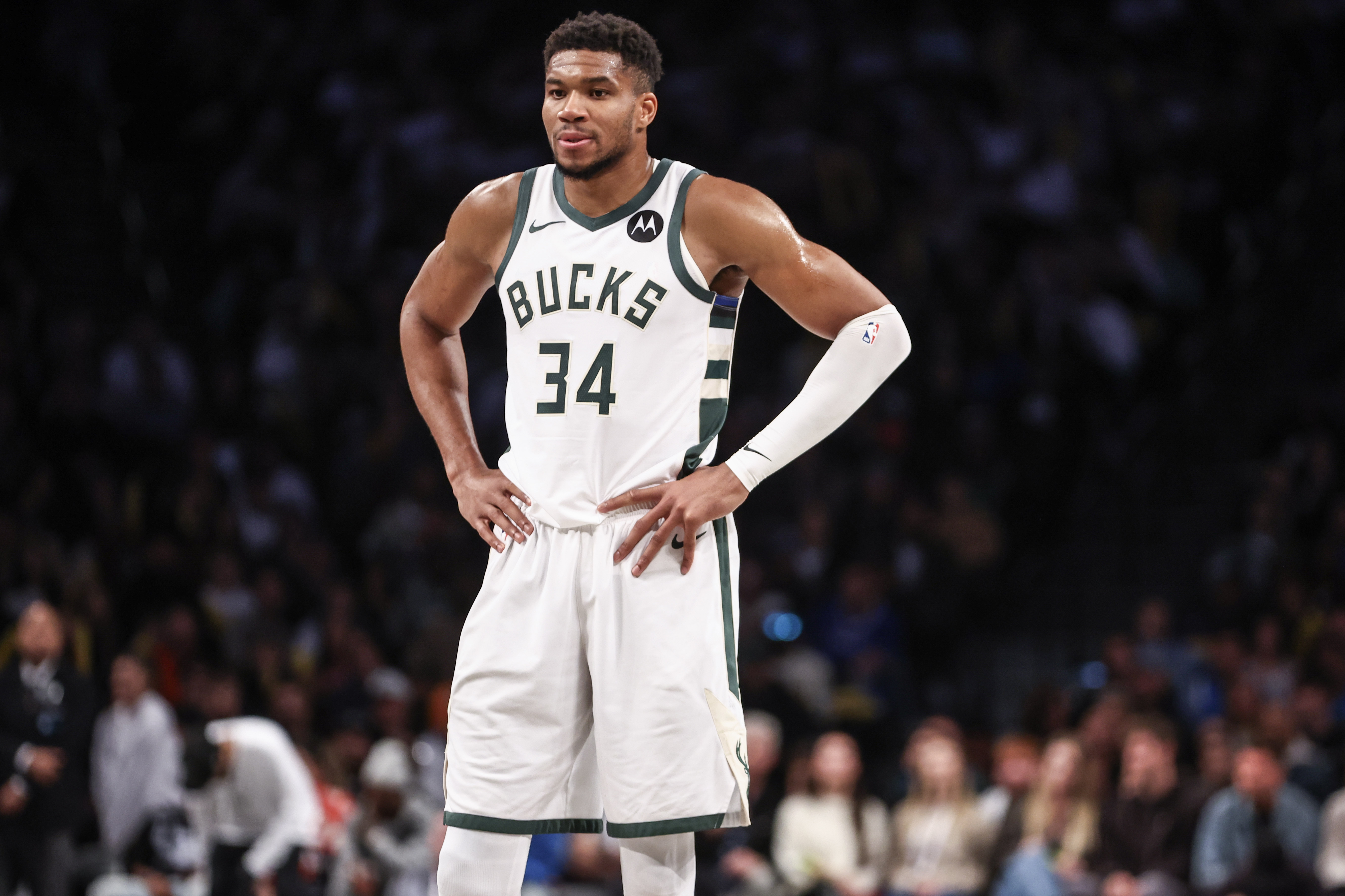 Oct 27, 2024; Brooklyn, New York, USA;  Milwaukee Bucks forward Giannis Antetokounmpo (34) at Barclays Center. Mandatory Credit: Wendell Cruz-Imagn Images