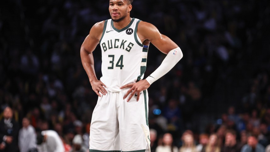 Oct 27, 2024; Brooklyn, New York, USA;  Milwaukee Bucks forward Giannis Antetokounmpo (34) at Barclays Center. Mandatory Credit: Wendell Cruz-Imagn Images