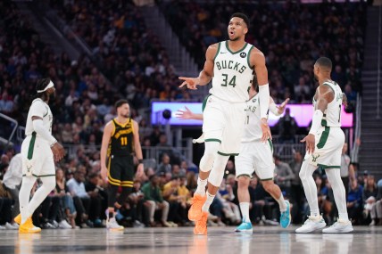 Mar 6, 2024; San Francisco, California, USA; Milwaukee Bucks forward Giannis Antetokounmpo (34) reacts after the Bucks made a basket against the Golden State Warriors in the third quarter at the Chase Center. Mandatory Credit: Cary Edmondson-Imagn Images