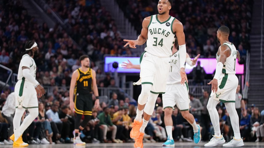 Mar 6, 2024; San Francisco, California, USA; Milwaukee Bucks forward Giannis Antetokounmpo (34) reacts after the Bucks made a basket against the Golden State Warriors in the third quarter at the Chase Center. Mandatory Credit: Cary Edmondson-Imagn Images