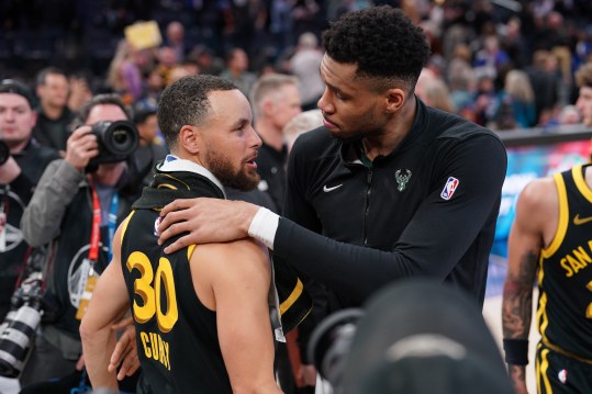 Mar 6, 2024; San Francisco, California, USA; Milwaukee Bucks forward Giannis Antetokounmpo (34) and Golden State Warriors guard Stephen Curry (30) meet after the game at the Chase Center. Mandatory Credit: Cary Edmondson-Imagn Images