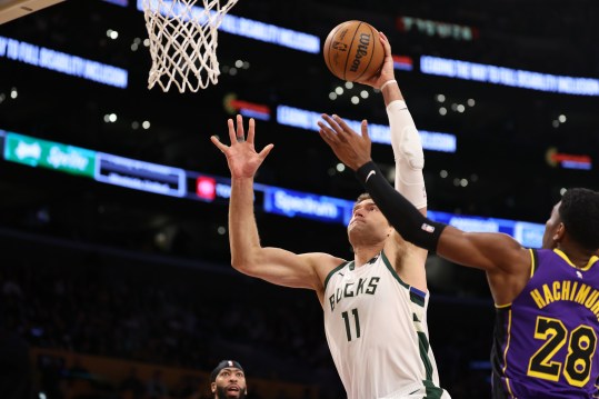 Mar 8, 2024; Los Angeles, California, USA;  Milwaukee Bucks center Brook Lopez (11) dunks the ball against Los Angeles Lakers forward Rui Hachimura (28) during the first quarter at Crypto.com Arena. Mandatory Credit: Kiyoshi Mio-Imagn Images