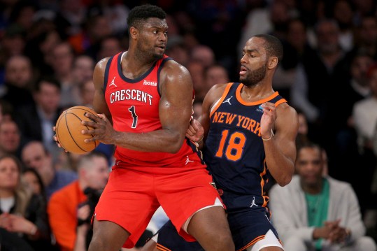 Feb 27, 2024; New York, New York, USA; New Orleans Pelicans forward Zion Williamson (1) controls the ball against New York Knicks guard Alec Burks (18) during the second quarter at Madison Square Garden. Mandatory Credit: Brad Penner-Imagn Images