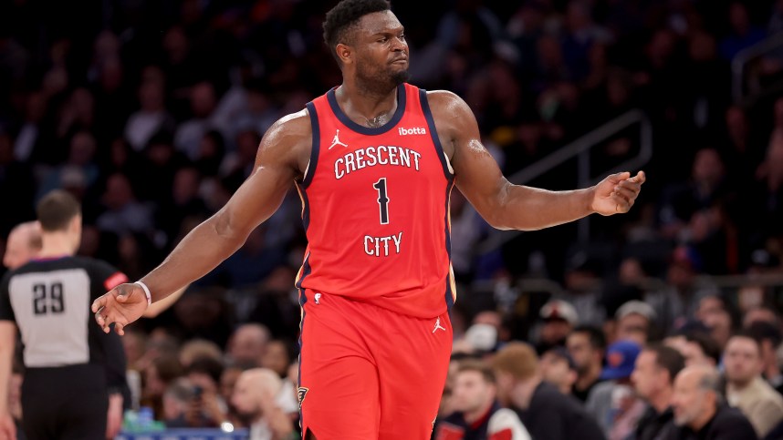 Feb 27, 2024; New York, New York, USA; New Orleans Pelicans forward Zion Williamson (1) reacts during the fourth quarter against the New York Knicks at Madison Square Garden. Mandatory Credit: Brad Penner-Imagn Images