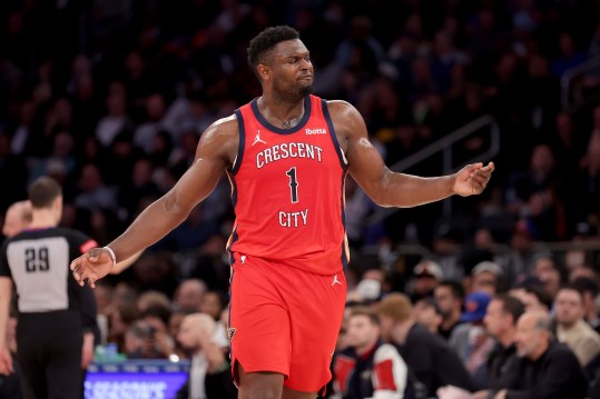 Feb 27, 2024; New York, New York, USA; New Orleans Pelicans forward Zion Williamson (1) reacts during the fourth quarter against the New York Knicks at Madison Square Garden. Mandatory Credit: Brad Penner-Imagn Images