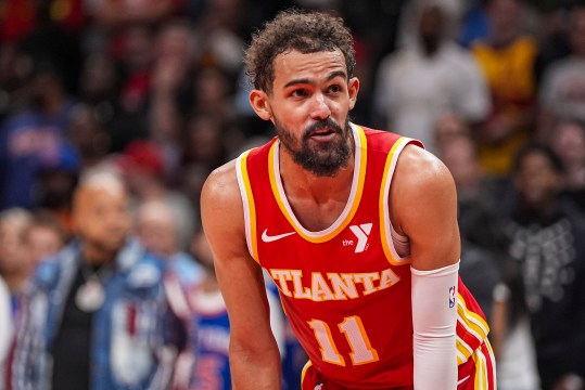 Nov 6, 2024; Atlanta, Georgia, USA; Atlanta Hawks guard Trae Young (11) shown on the court against the New York Knicks during the second half at State Farm Arena. Mandatory Credit: Dale Zanine-Imagn Images