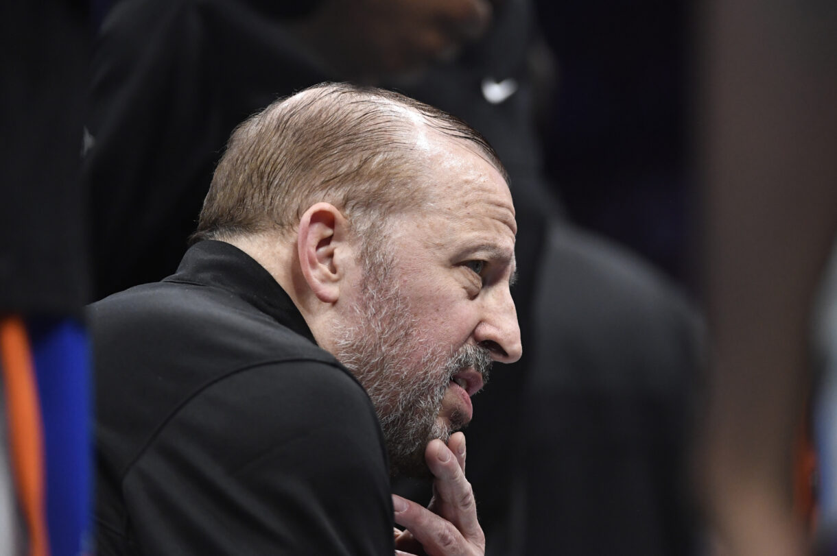 Nov 29, 2024; Charlotte, North Carolina, USA;  New York Knicks head coach Tom Thibodeau in a time out during the second half against the Charlotte Hornets at the Spectrum Center. Mandatory Credit: Sam Sharpe-Imagn Images