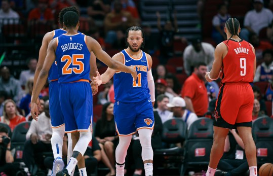 Nov 4, 2024; Houston, Texas, USA; New York Knicks guard Jalen Brunson (11) reacts after a play during the first quarter against the Houston Rockets at Toyota Center. Mandatory Credit: Troy Taormina-Imagn Images