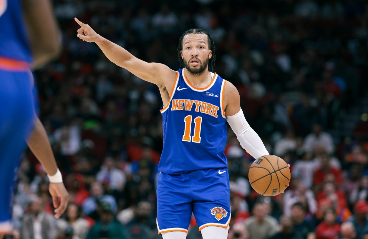 Nov 4, 2024; Houston, Texas, USA; New York Knicks guard Jalen Brunson (11) brings the ball up the court during the third quarter against the Houston Rockets at Toyota Center. Mandatory Credit: Troy Taormina-Imagn Images