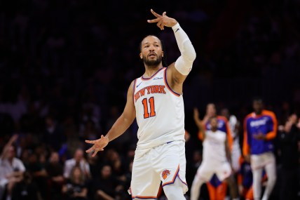 Oct 30, 2024; Miami, Florida, USA; New York Knicks guard Jalen Brunson (11) reacts after scoring a three-point shot against the Miami Heat during the third quarter at Kaseya Center. Mandatory Credit: Sam Navarro-Imagn Images