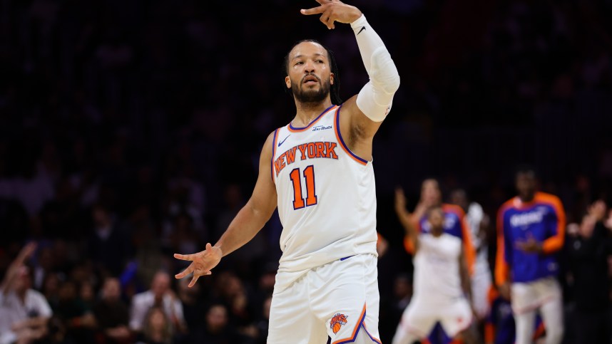 Oct 30, 2024; Miami, Florida, USA; New York Knicks guard Jalen Brunson (11) reacts after scoring a three-point shot against the Miami Heat during the third quarter at Kaseya Center. Mandatory Credit: Sam Navarro-Imagn Images