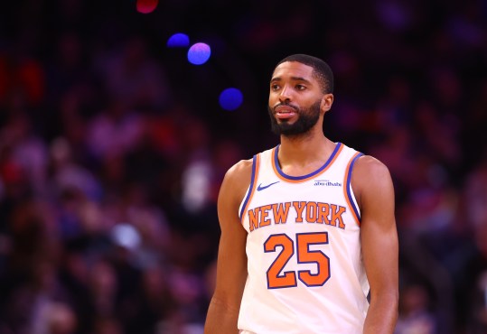 Nov 20, 2024; Phoenix, Arizona, USA; New York Knicks forward Mikal Bridges (25) against the Phoenix Suns at Footprint Center. Mandatory Credit: Mark J. Rebilas-Imagn Images