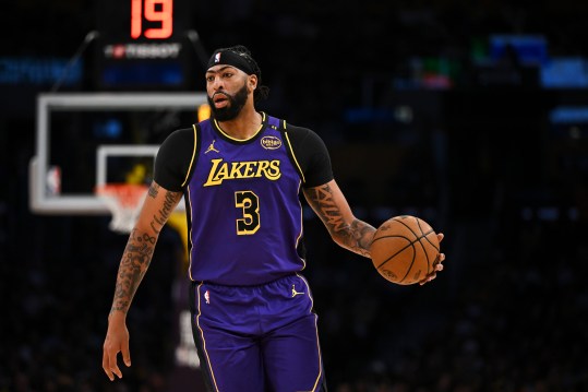 Oct 25, 2024; Los Angeles, California, USA; Los Angeles Lakers forward Anthony Davis (3) looks to pass against the Phoenix Suns during the first half at Crypto.com Arena. Mandatory Credit: Jonathan Hui-Imagn Images