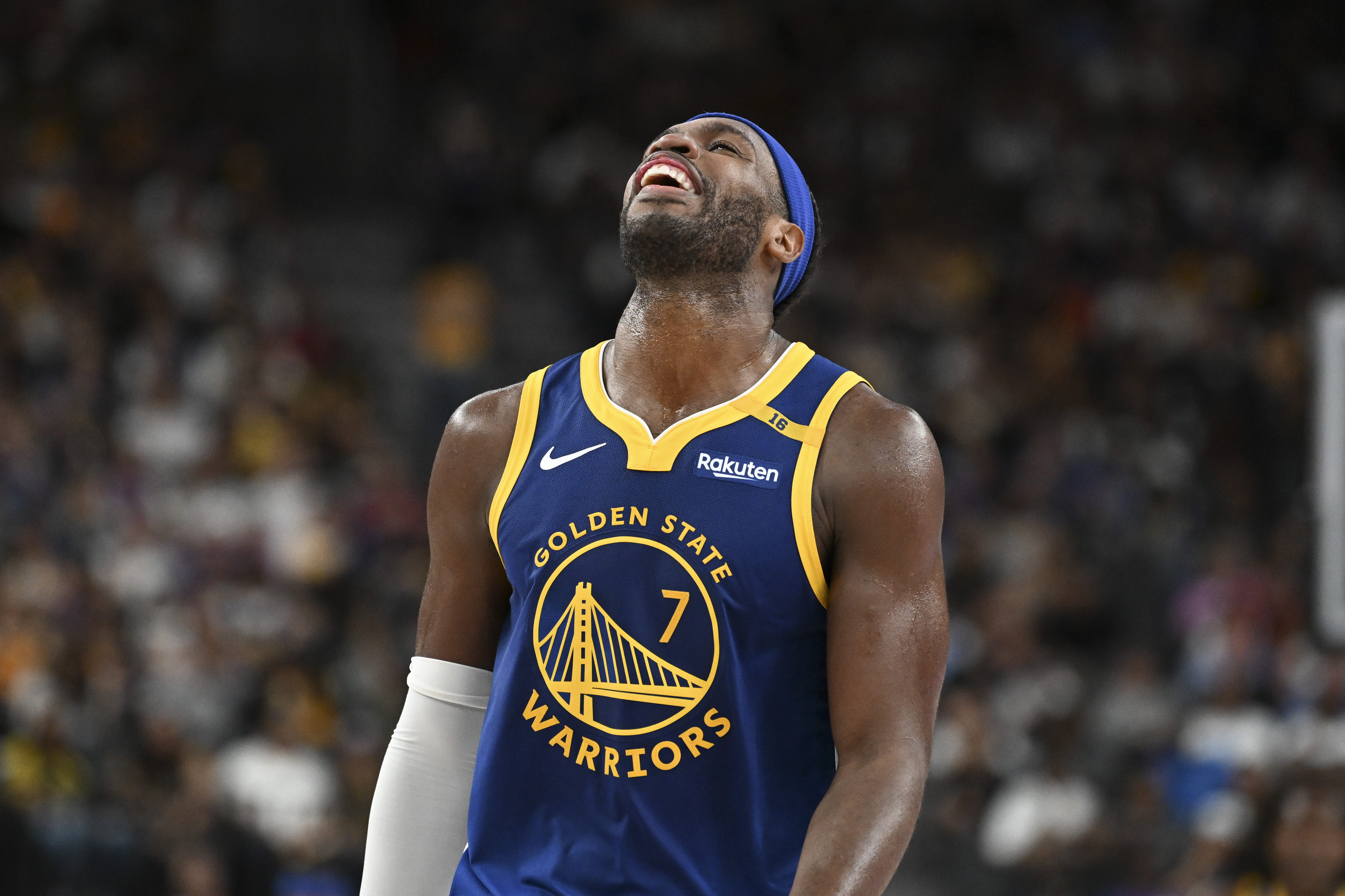 Oct 15, 2024; Las Vegas, Nevada, USA; Golden State Warriors guard Buddy Hield (7) reacts to a play against the Los Angeles Lakers in the fourth quarter during a preseason game at T-Mobile Arena. Mandatory Credit: Candice Ward-Imagn Images