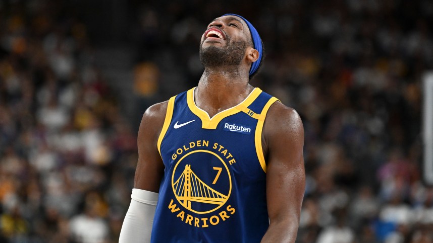 Oct 15, 2024; Las Vegas, Nevada, USA; Golden State Warriors guard Buddy Hield (7) reacts to a play against the Los Angeles Lakers in the fourth quarter during a preseason game at T-Mobile Arena. Mandatory Credit: Candice Ward-Imagn Images